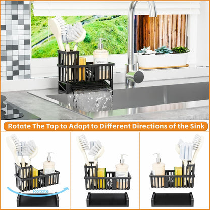 Yieach Rustproof Kitchen Sink Caddy Organizer,Plastic Scrubber,Dish Sponge Holder,Dish Soap Rack & Dispenser,Multifunctional Sponge Drain Rack,Dish Soap Caddy & Storage Organization Accessories,Black