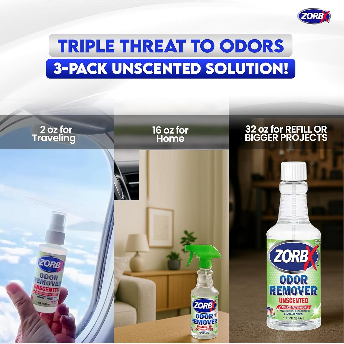 ZORBX Unscented Odor Eliminator for Strong Odor 2 Fl Oz Pack of 5 - Used in Hospitals & Healthcare Facilities - Advanced Formula, Fast-Acting Odor Remover Spray for Dog, Cat, House & Carpet