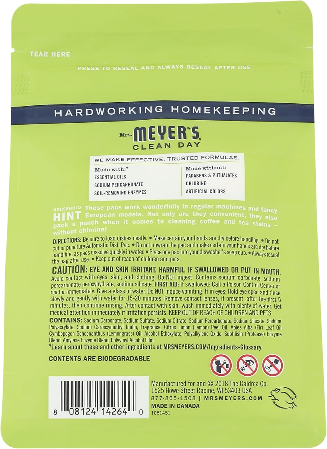 MRS. MEYER'S CLEAN DAY, Dishwasher Lemon Verbena, 11.6 Ounce