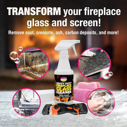 Quick N Brite Fireplace Glass Cleaner Kit with Cloth and Sponge, Removes Soot, Smoke, Creosote, and more, 16 oz, 1-Pack