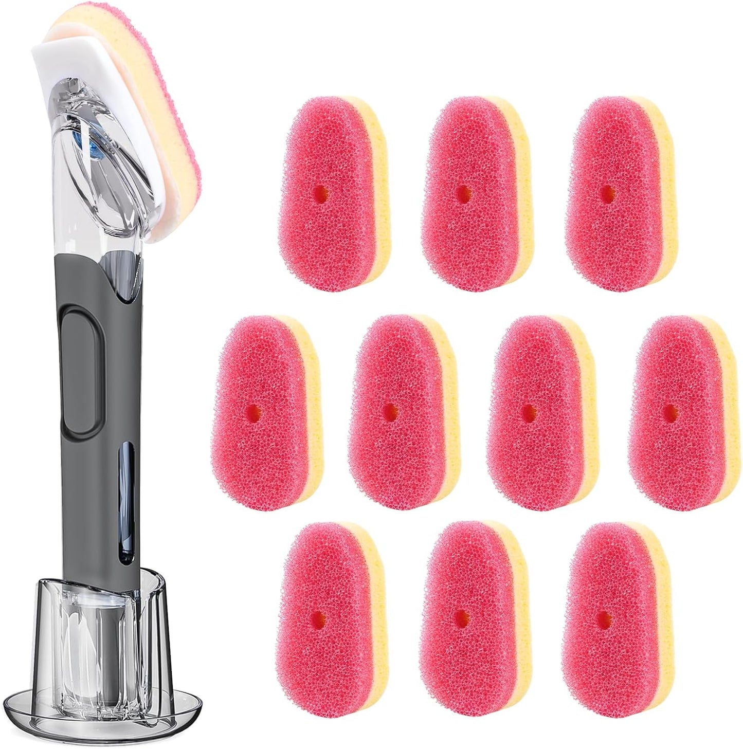Soap Dispensing Replacement Dish Brush Storage Set with 10 PCS Sponge Refills & Holder - RIMAY Dispenser Scrub Cleaning Scrubber Kitchen Dishwashing Dish Wand Handle for Dishes/Pans/Pots/Sink(Yellow)