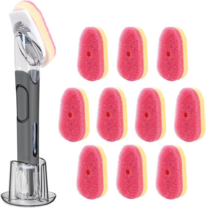Soap Dispensing Replacement Dish Brush Storage Set with 10 PCS Sponge Refills & Holder - RIMAY Dispenser Scrub Cleaning Scrubber Kitchen Dishwashing Dish Wand Handle for Dishes/Pans/Pots/Sink(Yellow)