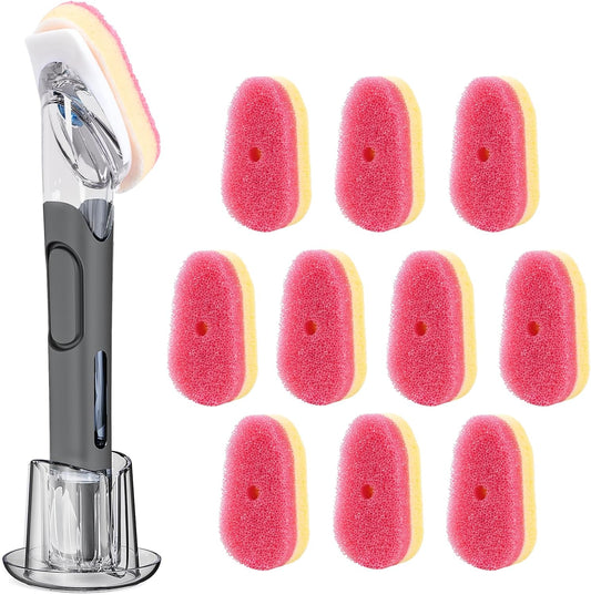 Soap Dispensing Replacement Dish Brush Storage Set with 10 PCS Sponge Refills & Holder - RIMAY Dispenser Scrub Cleaning Scrubber Kitchen Dishwashing Dish Wand Handle for Dishes/Pans/Pots/Sink(Yellow)