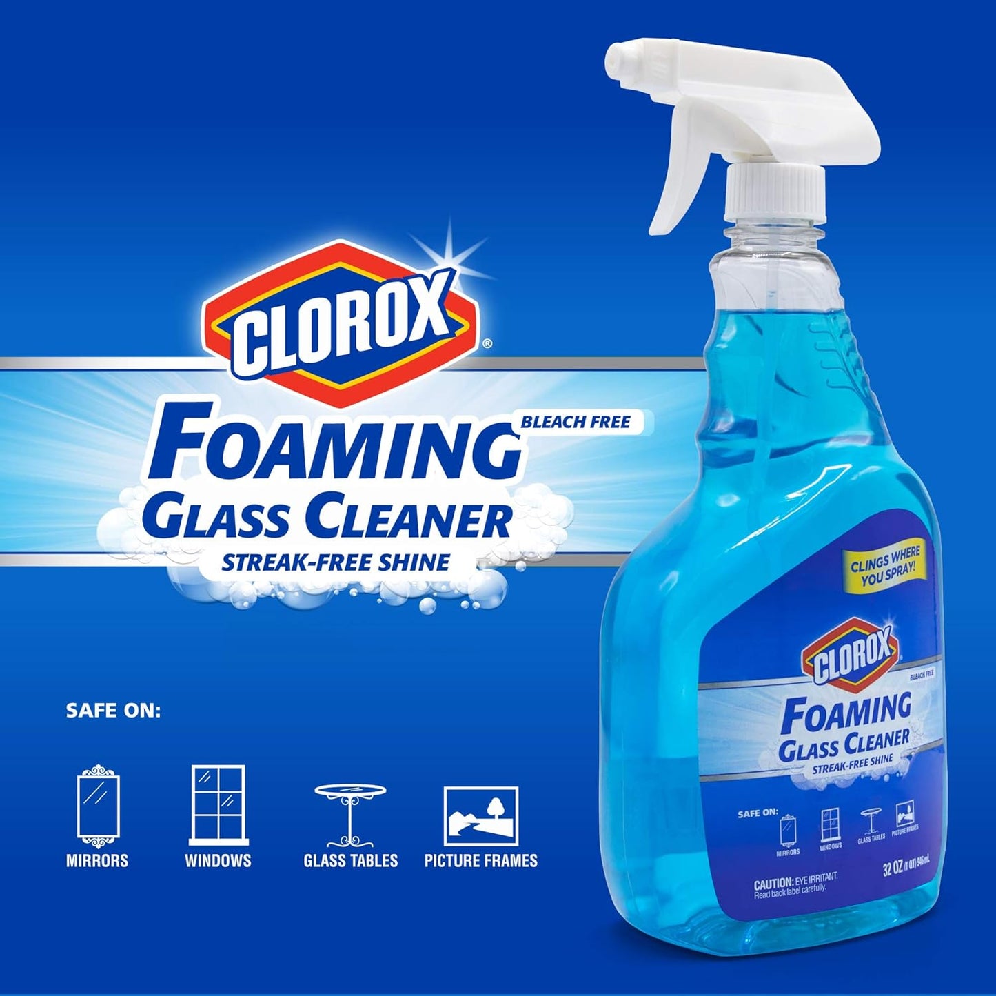 Clorox Foaming Glass Cleaner Trigger Spray, Streak Free No Drip Formula for Windows, Mirrors, and Glass Surfaces, All Purpose Household Cleaning Spray in Fresh Scent, 32 Ounce