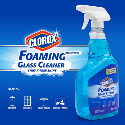 Clorox Foaming Glass Cleaner Trigger Spray, Streak Free No Drip Formula for Windows, Mirrors, and Glass Surfaces, All Purpose Household Cleaning Spray in Fresh Scent, 32 Ounce