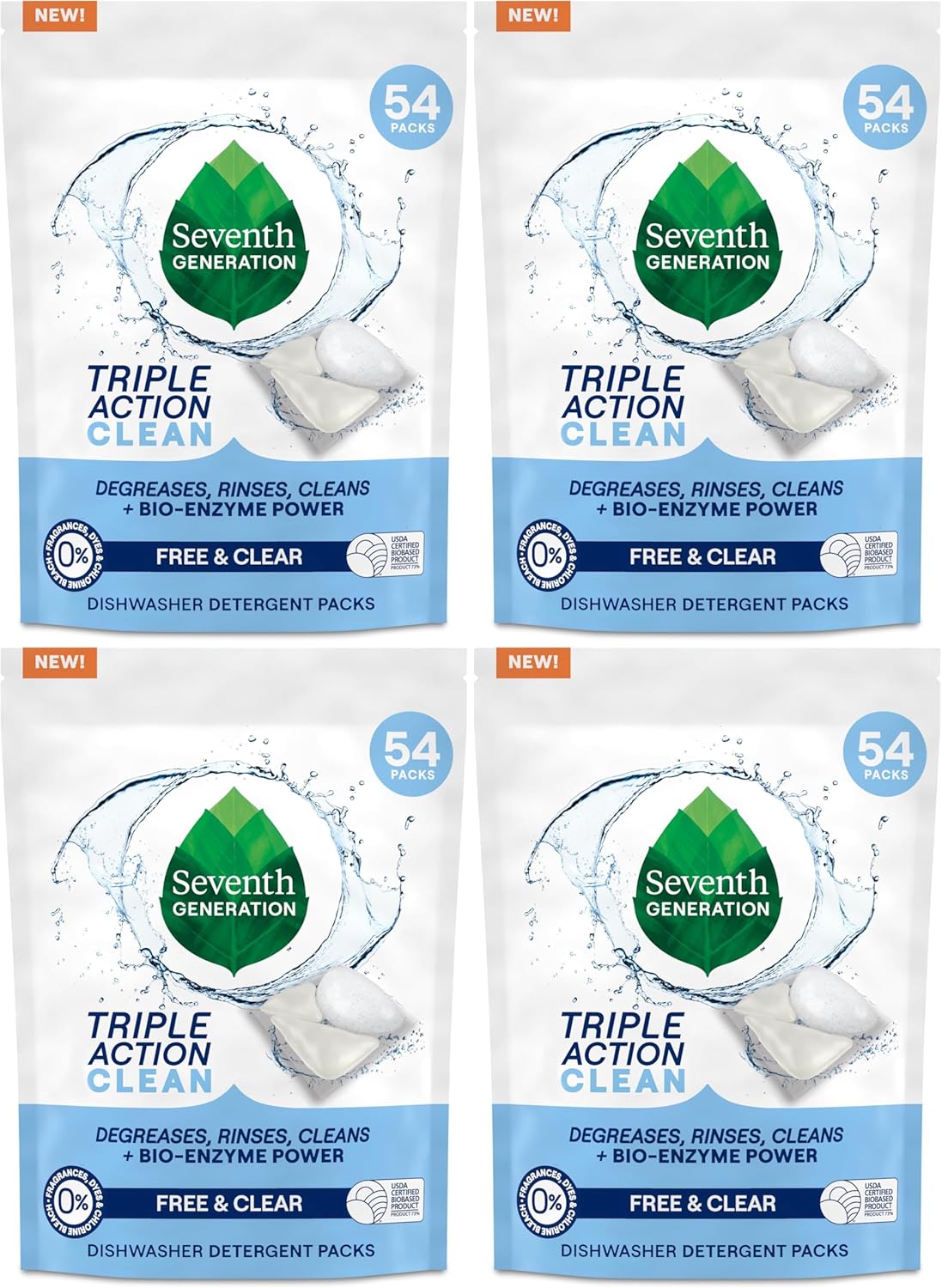 Seventh Generation Triple Action Clean Automatic Dishwasher Detergent Packs with Bio-Enzyme Power, Free & Clear, Fights 48-hour Stuck-on Food, 54 count