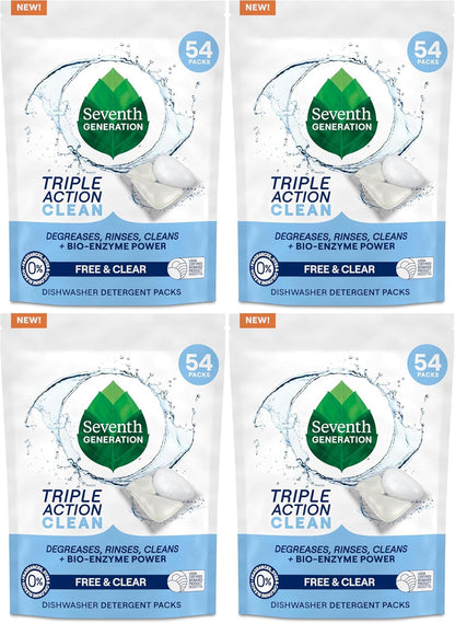 Seventh Generation Triple Action Clean Automatic Dishwasher Detergent Packs with Bio-Enzyme Power, Free & Clear, Fights 48-hour Stuck-on Food, 54 count