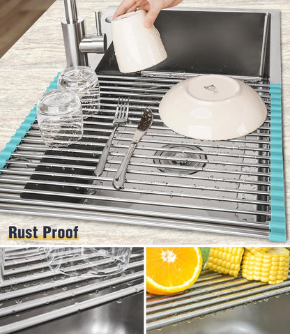 Tomorotec 17.7" x 15.5" Roll Up Dish Drying Rack Over Sink Drying Rack Sink Cover Kitchen Sink Accessories Gadget Multipurpose Organizer Foldable Stainless Steel Drainer (Grey)