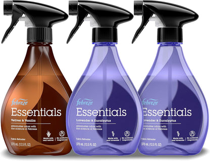Febreze Fabric Spray, Fabric Refresher Essentials, Odor Eliminator for Strong Odor, Includes Lavender & Eucalyptus Essential Oil, Vetiver & Vanilla Essential Oil, 12.5 Oz (Pack of 3)