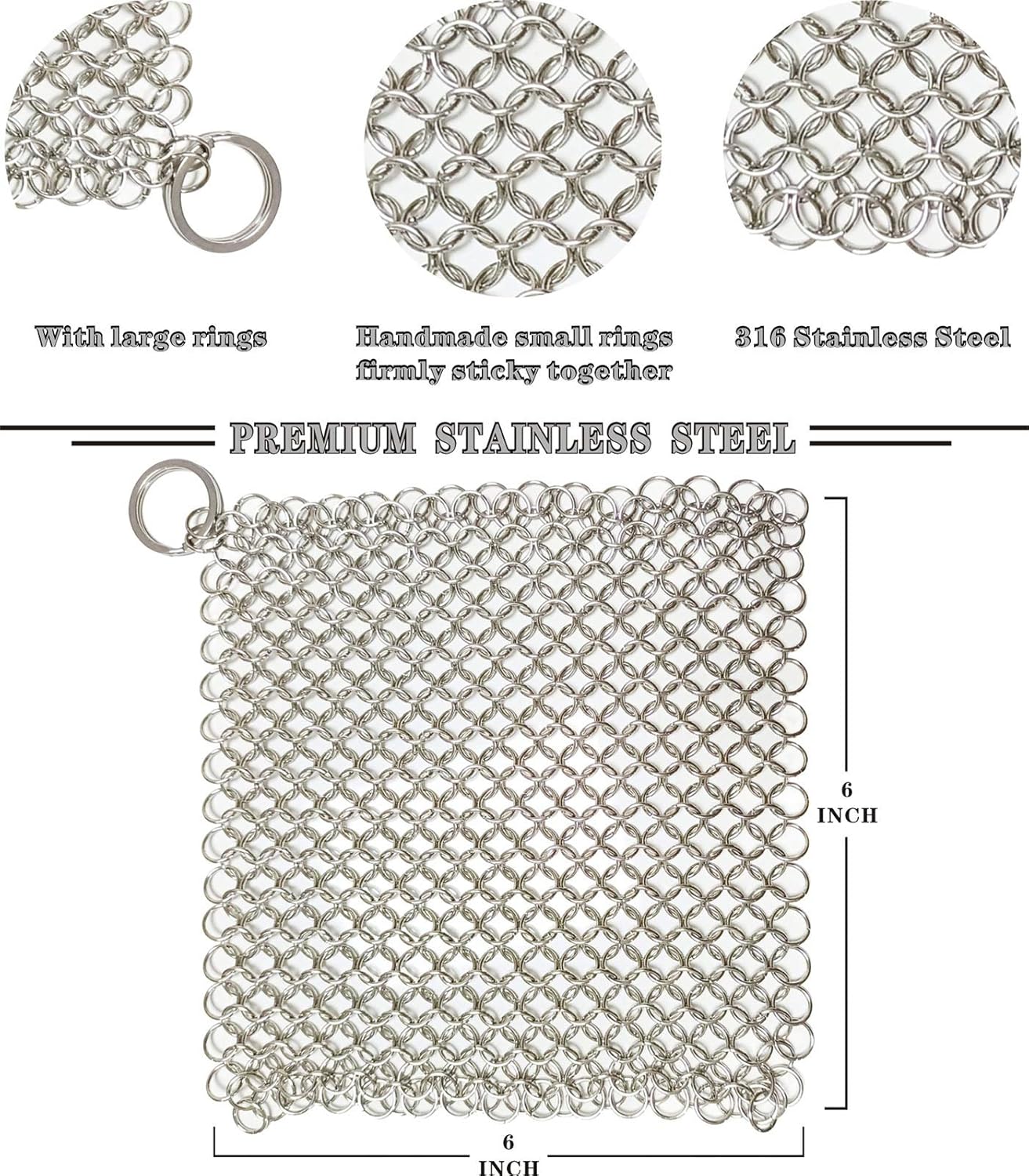 Cast Iron Cleaner - 6 Inch Stainless Steel Chain mail Scrubber for Cast Iron Pans Cleaner Chainmail Scrubber for Skillet, Wok, Pot, Dutch Ovens
