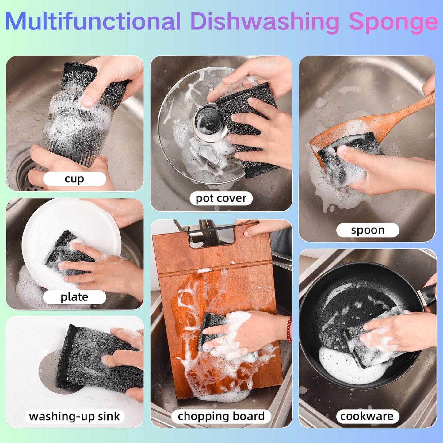 Kitchen Dish Sponges Steel Scrubbers - 6 Pack Black Non Scratch Heavy Duty Scrub Sponges，Reusable Multipurpose Metal Cleans for Washing Dishes，Pots and Pans，Household Cleaning，Bathroom