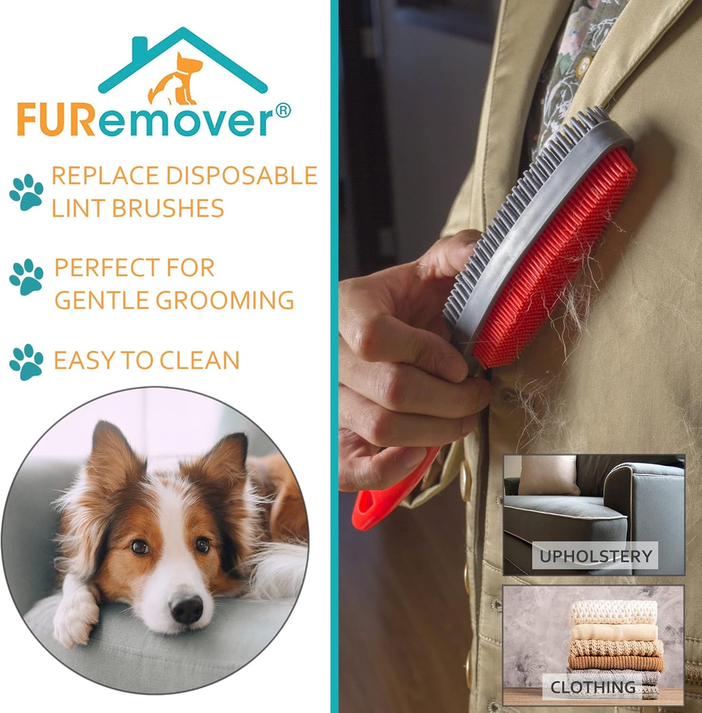 FURemover Plus Pet Hair Rubber Brush with Squeegee, Easily Remove Fur and Lint from Clothing, Carpets and Furniture, Gently Groom Dogs and Cats Wet or Dry, Black, 2 Pack