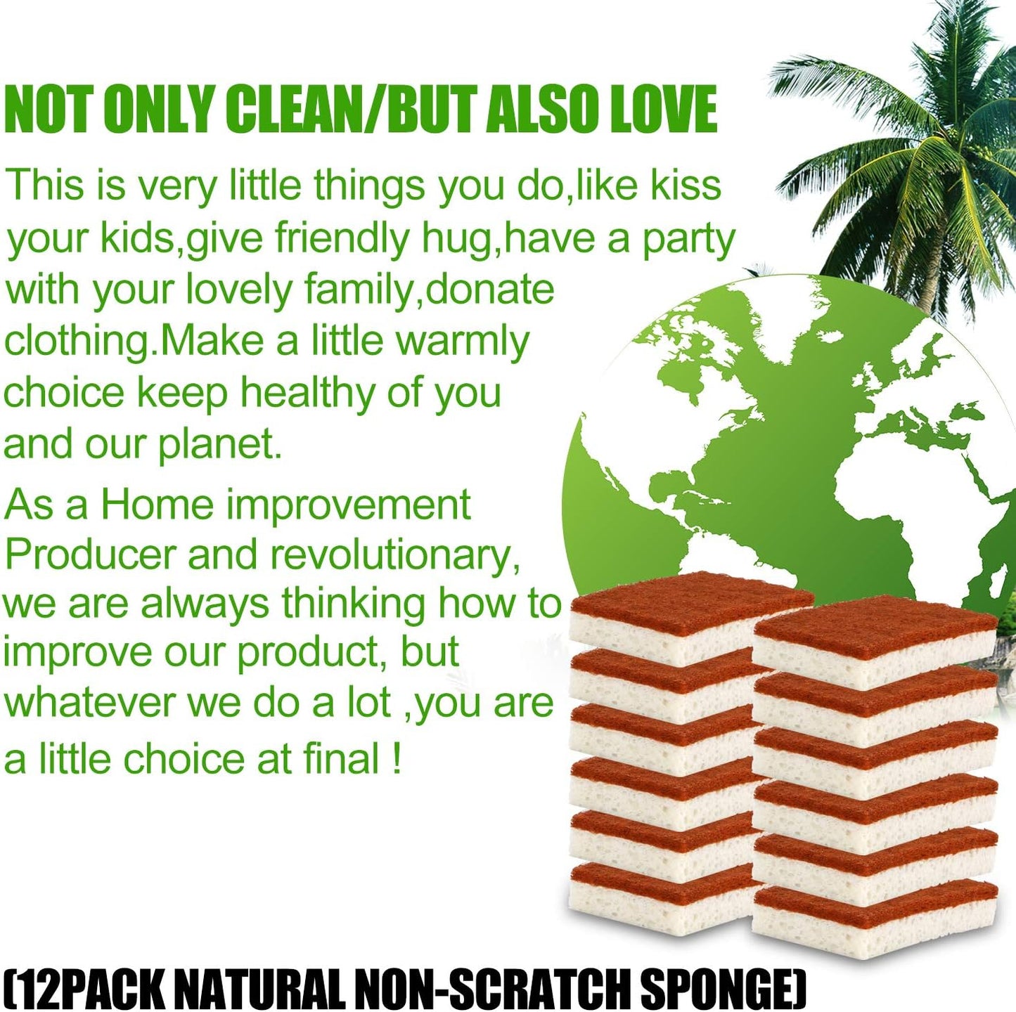 Natural Plant Based Scrub Sponge 12 Pack, Palm Fiber Scrubbing Sponge with Non Scratch Biodegradable Compostable Sponges,Long Lasting No Smell Dishwashing Kitchen Scrubber