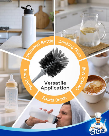 MR.SIGA Water Bottle Brush, Long Handle Bottle Brush for Water Glasses, Baby Bottles, Sports Bottles Cleaning, Black, 2 Pack