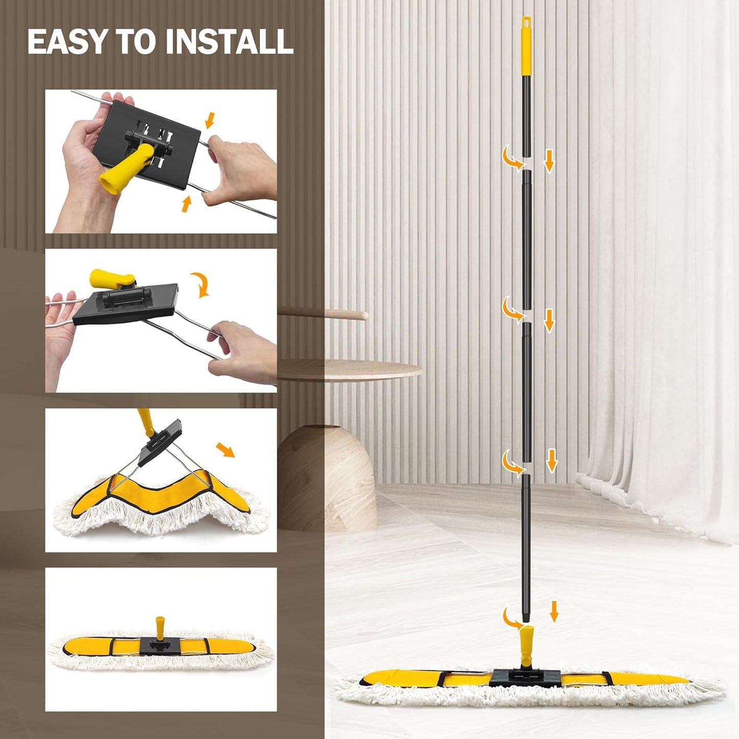 NEWE 24” Commercial Dust Mop, Large Dry Dust Push Broom Indoor, Wide Floor Duster for Laminate, with 2 pcs Microfiber Pads, Hardwood, Tile, Marble (Yellow)