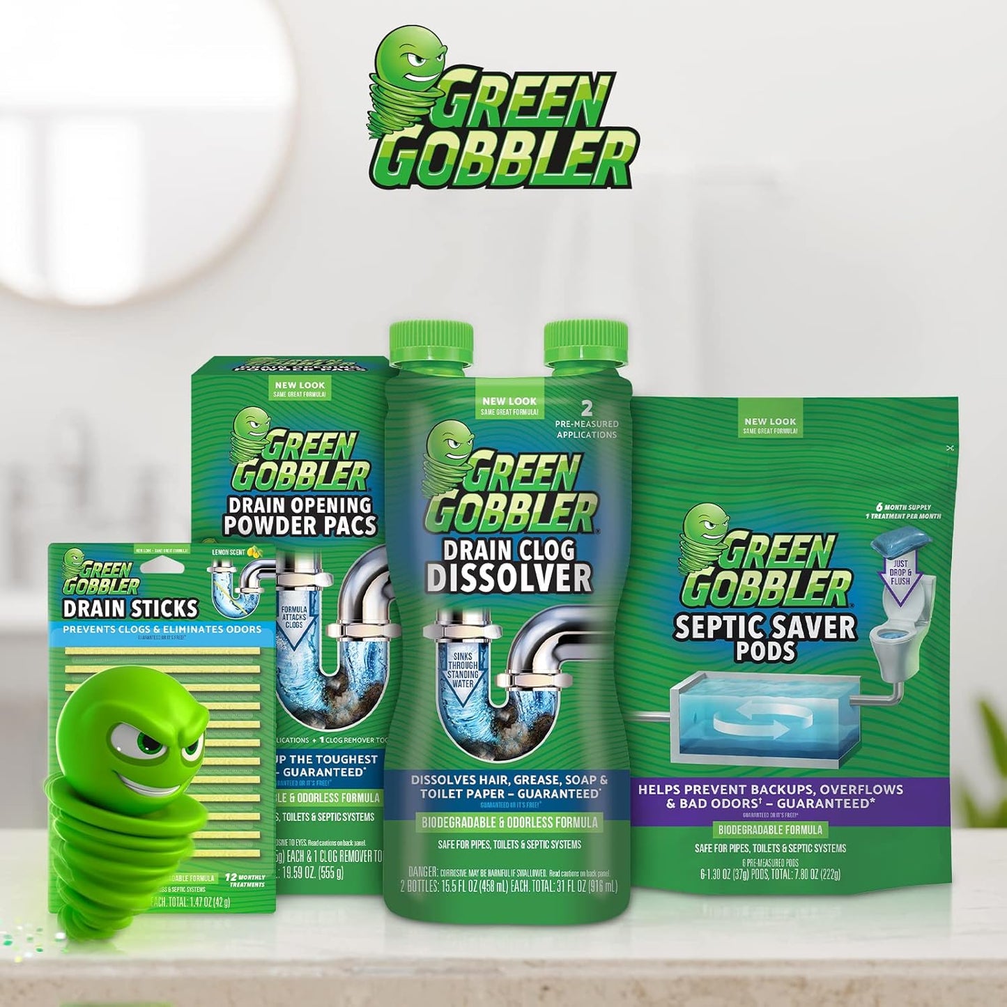 Green Gobbler Industrial Strength Grease and Hair Drain Clog Remover | Drain Cleaner Gel | Safe for Pipes, Toilets, Sinks, Tubs, Drains & Septic Systems | 64 fl. oz.