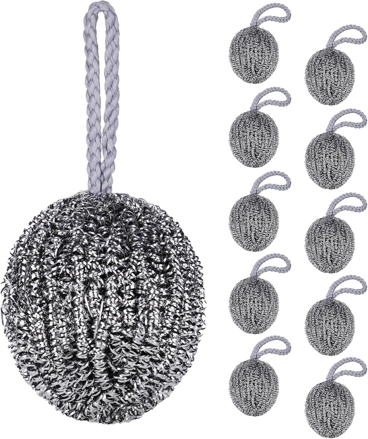NiHome 10-Pack Steel Wool Scrubbers for Kitchen Cleaning, Stainless Steel Scourers with Hanging String, Reusable Rust-Resistant Scrubbers for Pots, Pans, Grill Racks, Sinks, Cast Iron