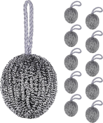 NiHome 10-Pack Steel Wool Scrubbers for Kitchen Cleaning, Stainless Steel Scourers with Hanging String, Reusable Rust-Resistant Scrubbers for Pots, Pans, Grill Racks, Sinks, Cast Iron