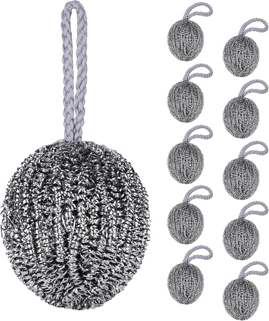 NiHome 10-Pack Steel Wool Scrubbers for Kitchen Cleaning, Stainless Steel Scourers with Hanging String, Reusable Rust-Resistant Scrubbers for Pots, Pans, Grill Racks, Sinks, Cast Iron
