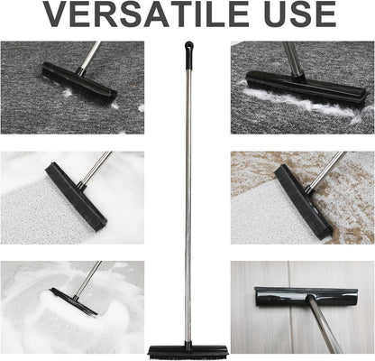 Rubber Broom and Dustpan Set,Pet Hair Removal Rubber Broom with Squeegee and Stainless Steel Dust Pan,Carpet Rake Push Broom and Dustpan for Fluff Hardwood Floor Tile (Green)