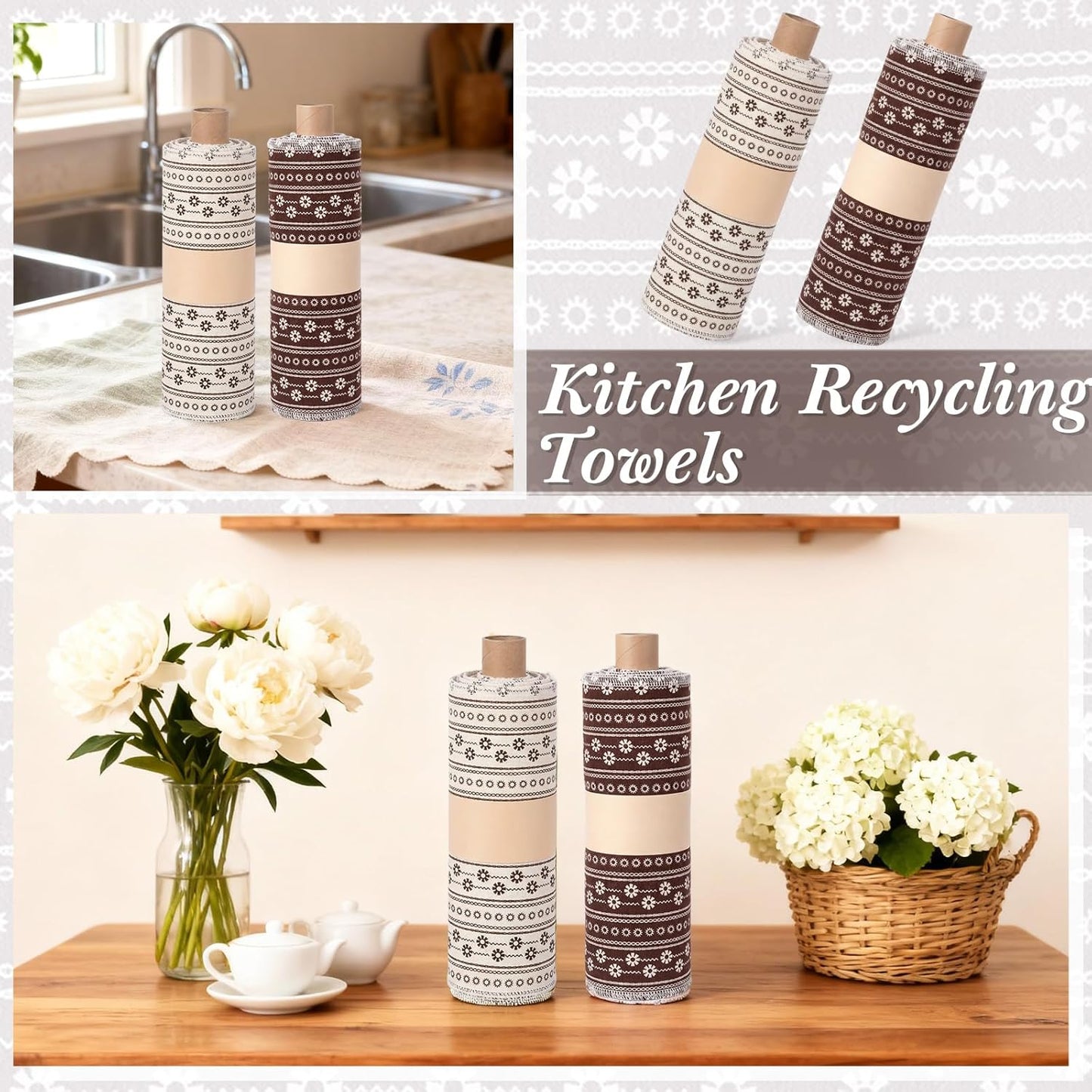 Redbaker 50 Pcs Reusable Paper Towels Paperless Reusable Cotton Cloths Toilet Absorbent Washable Paper Towels with Roll Kitchen Dishcloth for Kitchen Paperless Dishcloths(Stripe)