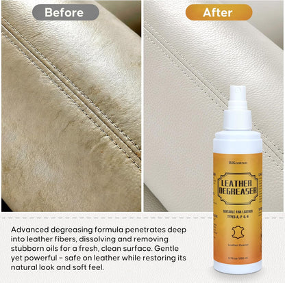 Leather Cleaner Degreaser – Quick Spray & Wipe Formula for Car Seats, Sofas, Handbags, Jackets & Shoes – Removes Grease & Oil, Gentle Leather Care, No Residue, Easy to Use
