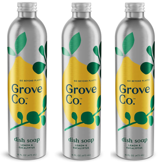 Grove Co. Ultimate Dish Soap Refills (3x16 Fl Oz) Removes 48-hr Stuck-on Food and Grease,Plastic Free Cleaning Products,100% Natural Lemon&Eucalyptus Fragrance,Pack of 1,16.0 Fl Oz,16.0 fluid_ounces