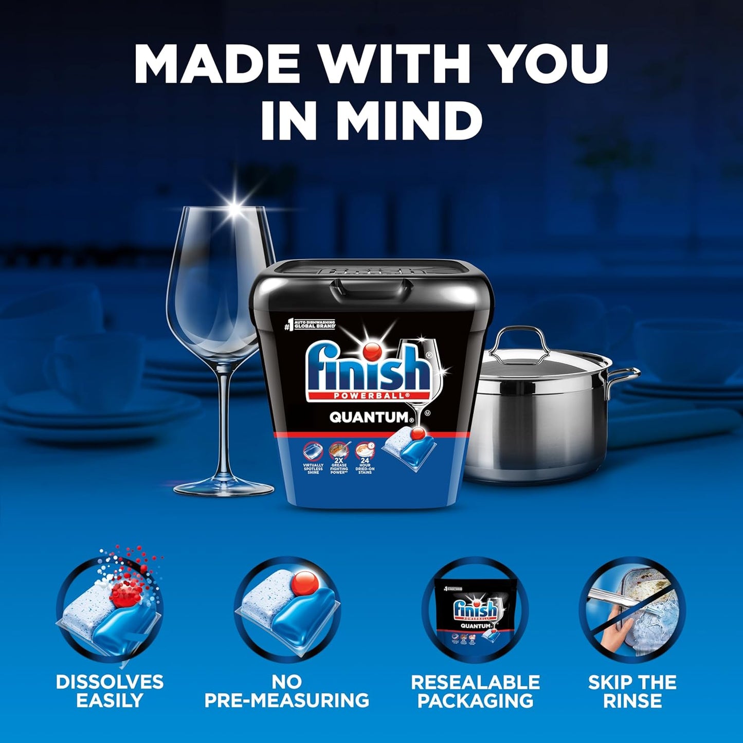 Finish Quantum Dishwasher Pods, No Pre-Rinse Dishwasher Detergent Soap Removes 24HR Dried-On Stain and Grease, Leaving a Virtually Spotless Shine, 48 Count