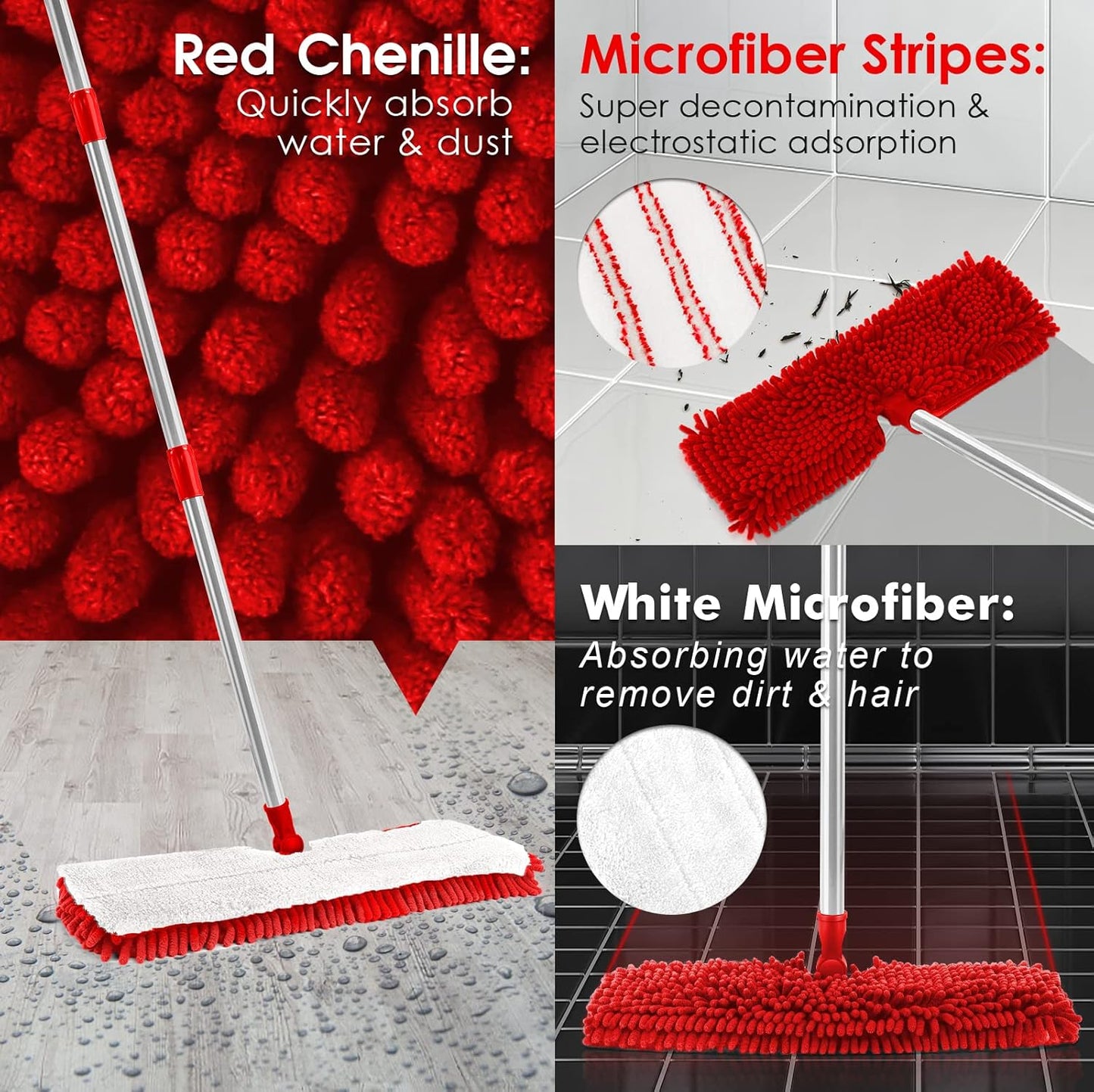 MASTERTOP Microfibre Flat Mop, Extended Wet Dry Large Floor Mop with 5 Reusable Pads & Telescopic Handle, Dust Mops for Laminate Wooden Hard Floor Vinyl Tile Floors Cleaning - Send 1 Cleaning Scraper