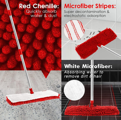 MASTERTOP Microfibre Flat Mop, Extended Wet Dry Large Floor Mop with 5 Reusable Pads & Telescopic Handle, Dust Mops for Laminate Wooden Hard Floor Vinyl Tile Floors Cleaning - Send 1 Cleaning Scraper
