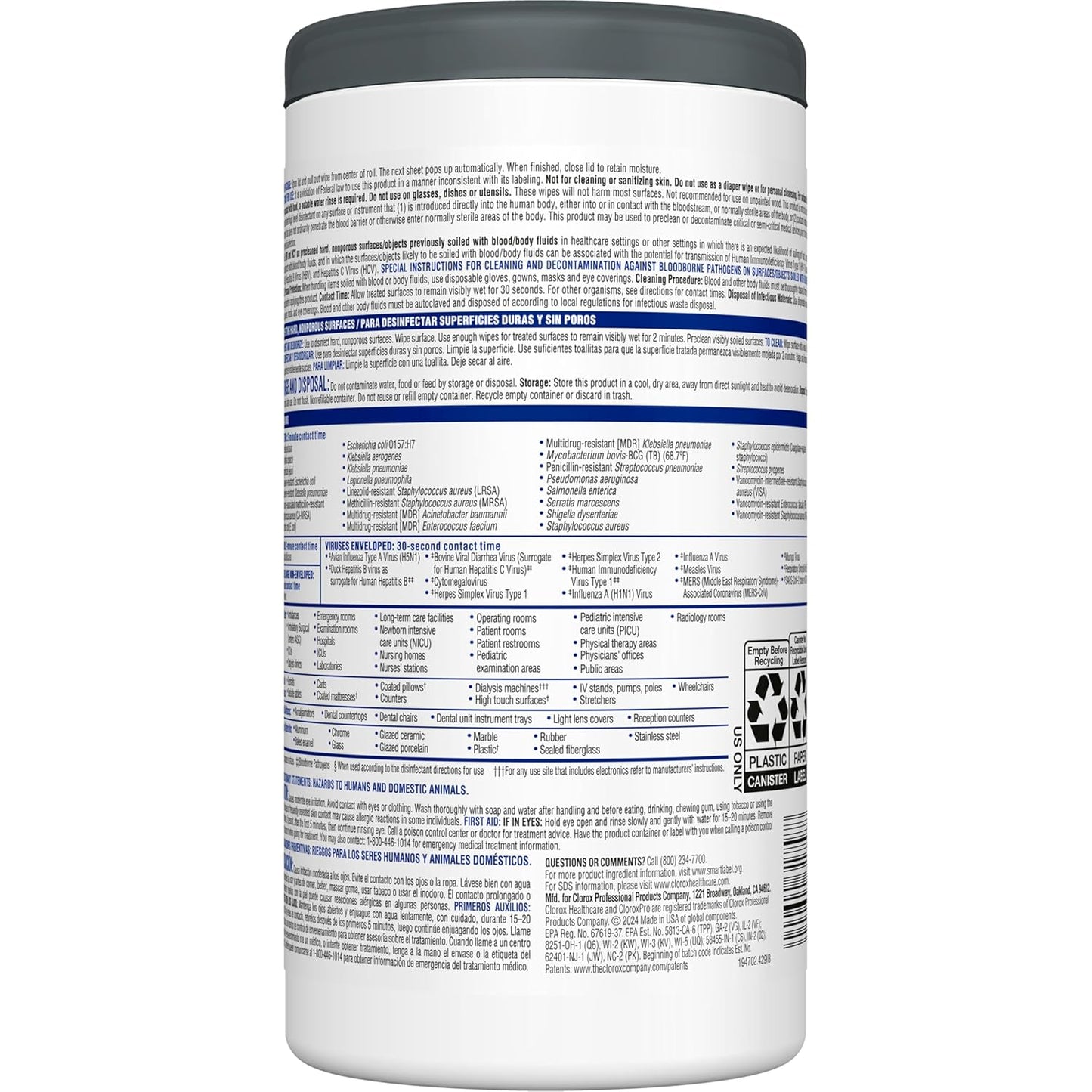 CLOROX Healthcare VersaSure Cleaner Disinfectant Wipes, 6" x 5", 150 Count Canister (Package May Vary)