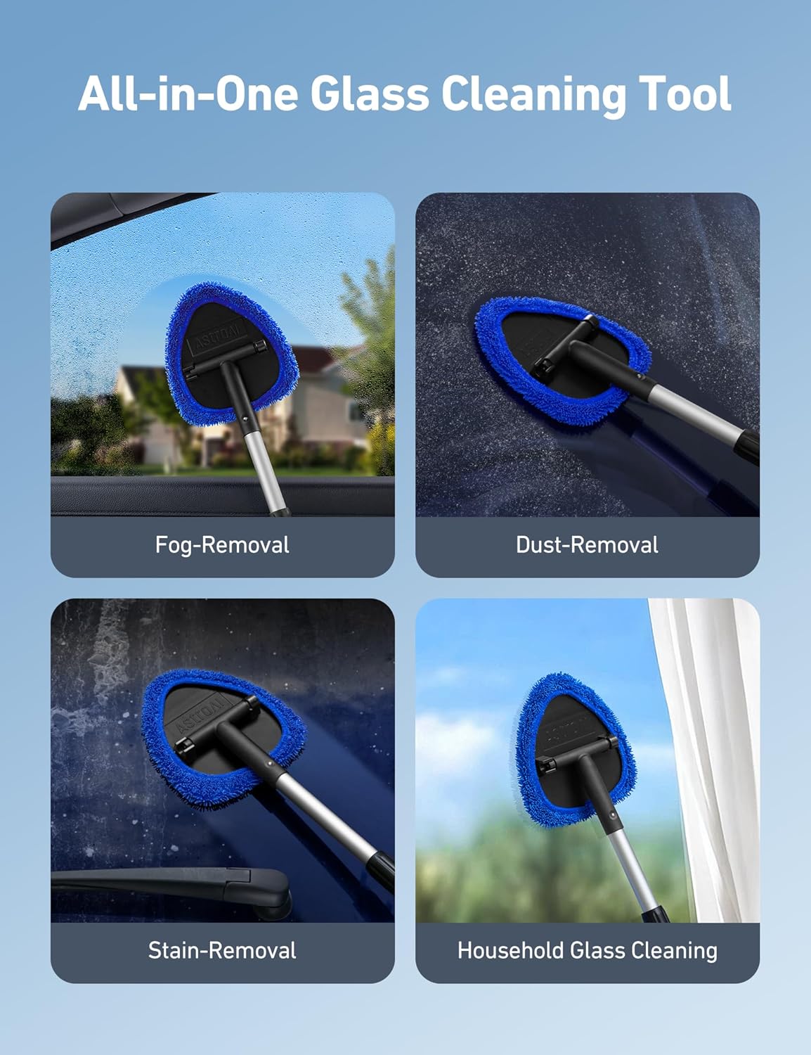 AstroAI Car Windshield Cleaner Tool, Window Cleaning Kit with 39in Car Mirror Squeegee, 4 Reusable Microfiber Pads and Extendable Handle, Blue