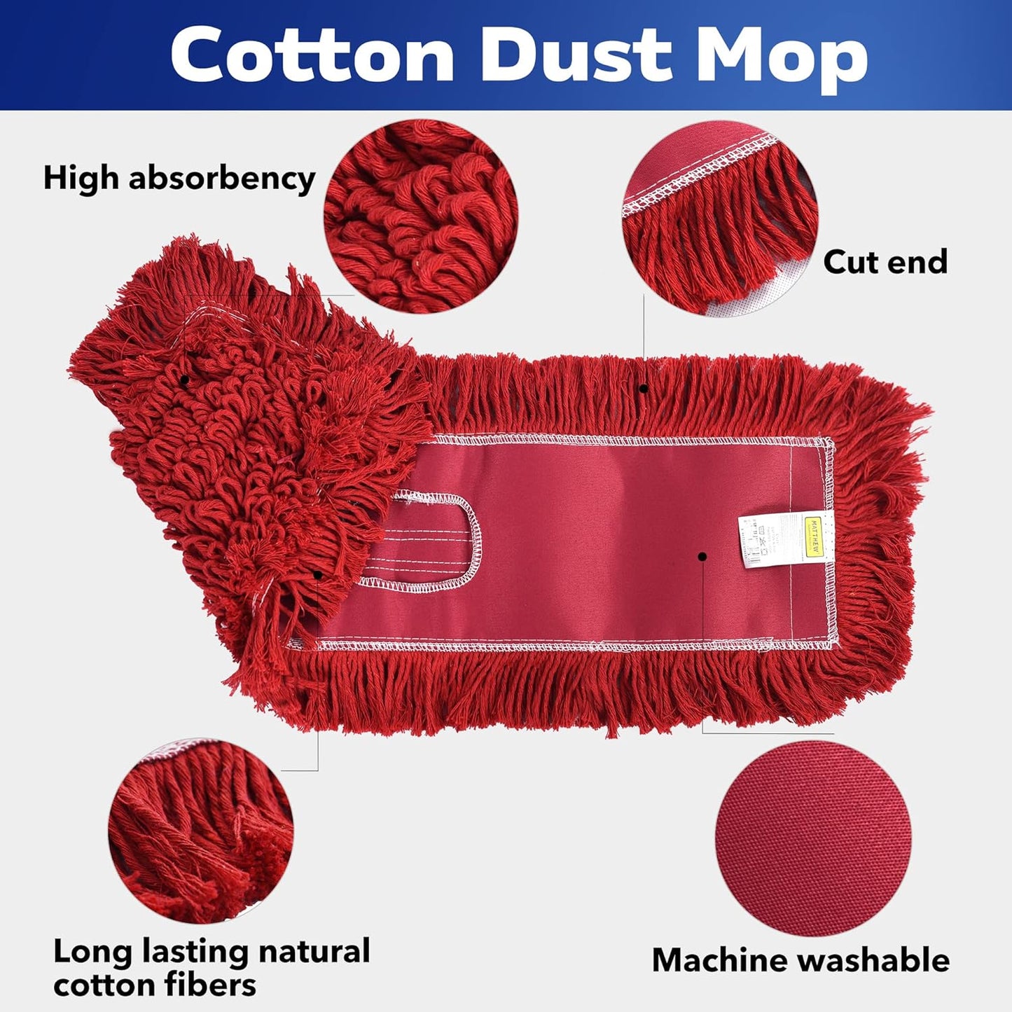 Matthew Cleaning 24'' Industrial Strength Cotton Dust Mop Refill Washable Replacement Heads for Residential & Commercial Use Fit Standard Dust Mop Frames, Hardwood, Laminate, Concrete Floors 3 Pack