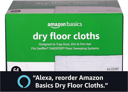 Amazon Basics Dry Sweeping Cloths for Floor Cleaning, Pet Hair, Dust, Dirt, Multi-Surface, Disposable, Fits Swiffer Sweeper Mop Heads, 64 Count