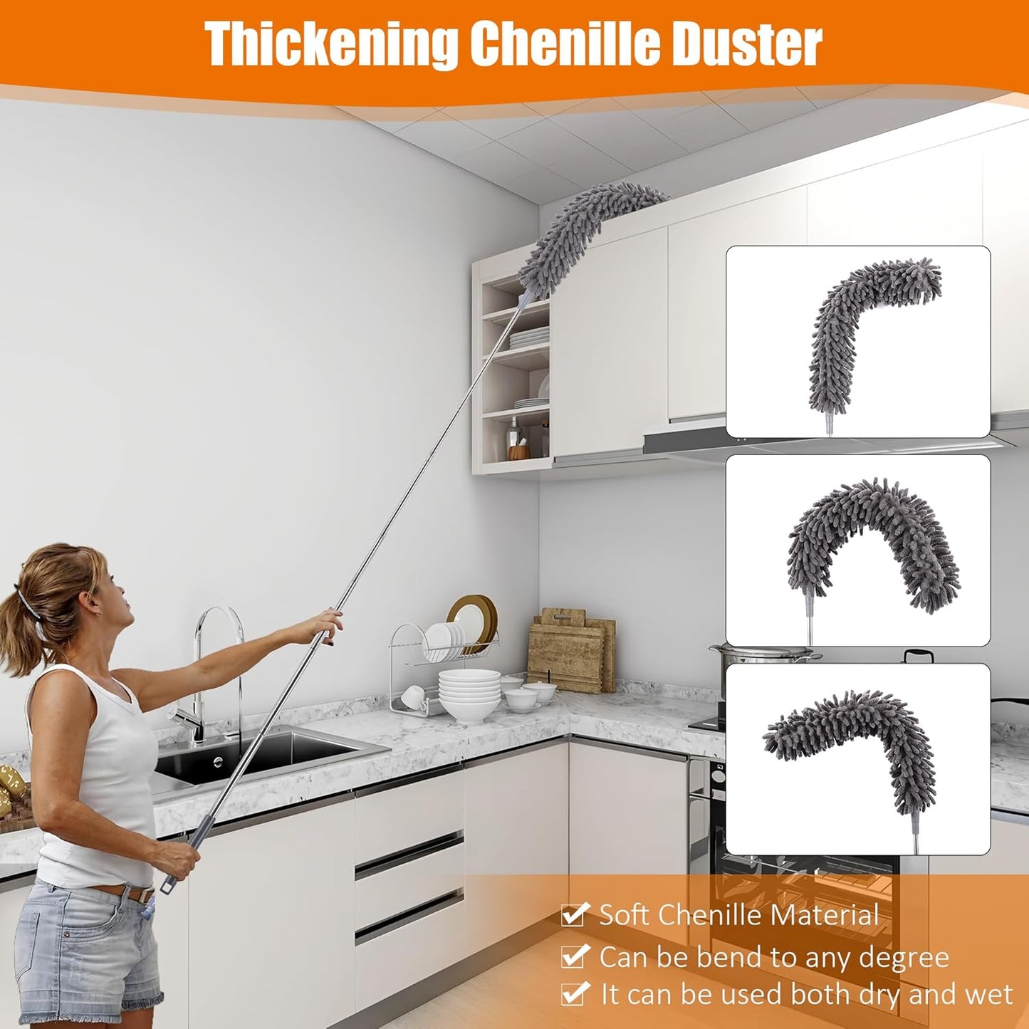 4 Pcs Microfiber Cobweb Duster with 100-inch Extendable Pole, Washable and Reusable Feather Cleaning Duster Kit with 3 Duster Heads,Dusters for Cleaning with Telescopic Pole for High Ceiling Fan