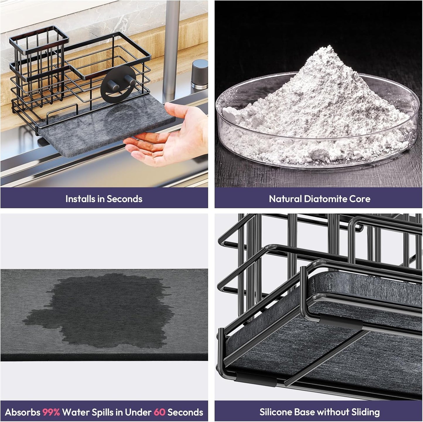 SWTYMIKI Sponge Holder for Kitchen Sink - 2 Tier Rustproof Sink Caddy with Instant Drying Stone, Removable Dish Brush Holder, Stainless Steel Kitchen Caddy for Coutertop Storage Accessories