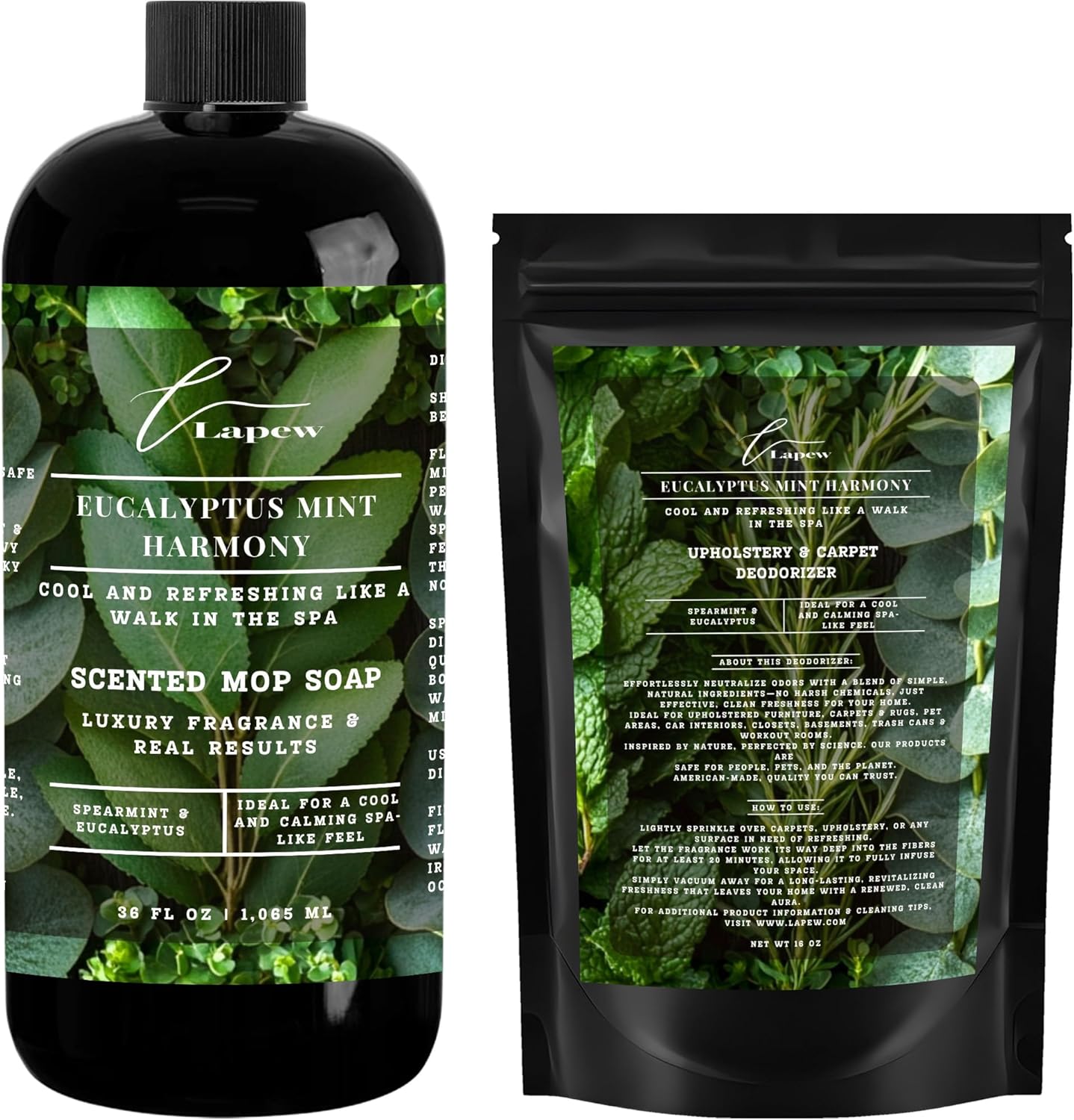 Lapew Black Sea Scented Cleaning Bundle | Carpet Deodorizer Powder (16 oz) & Mop Soap Concentrate (36 oz) | Pet-Friendly Odor Eliminator - Colors A