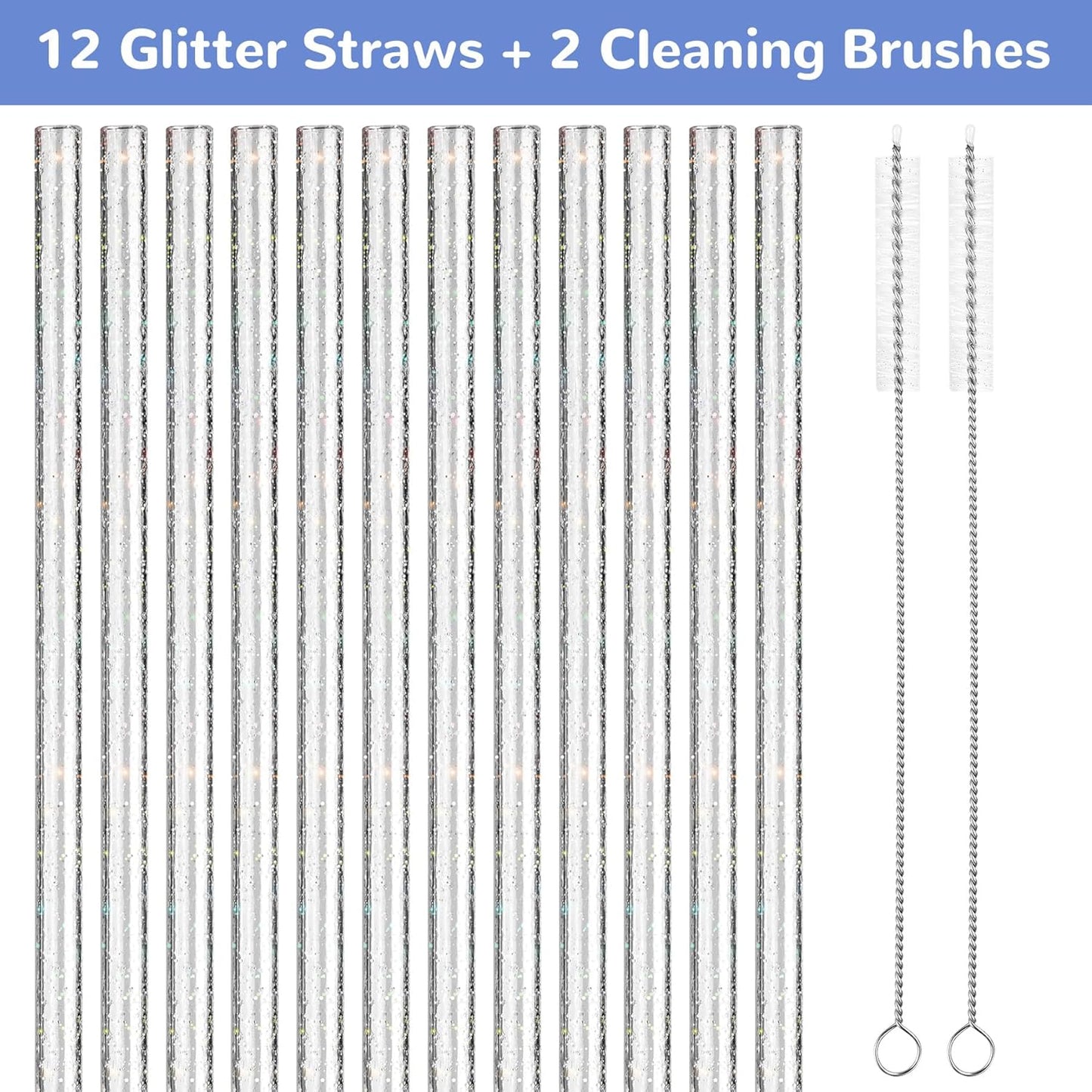 NiHome 12-Pack Glitter Replacement Straws for Stanley Tumbler 40OZ & 2 Cleaning Brushes Set, 12" Length BPA-Free Durable PETG Material for Various Beverages & Cups, Adds Sparkle to Your Drinks (Clear)