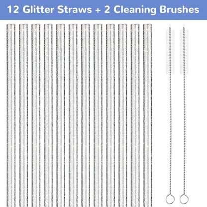 NiHome 12-Pack Glitter Replacement Straws for Stanley Tumbler 40OZ & 2 Cleaning Brushes Set, 12" Length BPA-Free Durable PETG Material for Various Beverages & Cups, Adds Sparkle to Your Drinks (Clear)