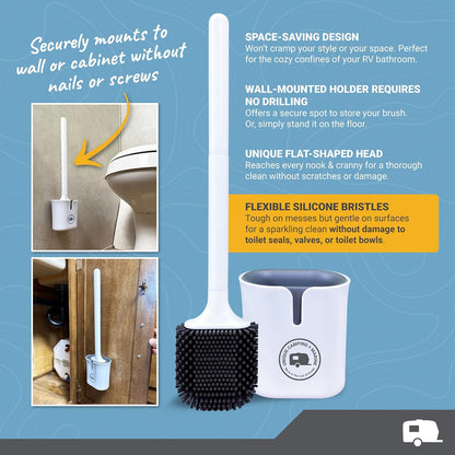Unique Silicone RV Toilet Brush, Compact, Won't Damage Toilets or Seals, Wall-Mount No-Drip Holder