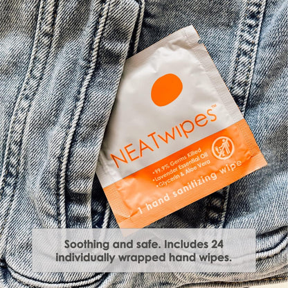 NEATwipes Hand Sanitizing Wipes | Travel Size | Disposable Wet Wipe & Planet Friendly | Lavender Essential Oil & Soothing Aloe | 24 Individually Wrapped Wipes per Package