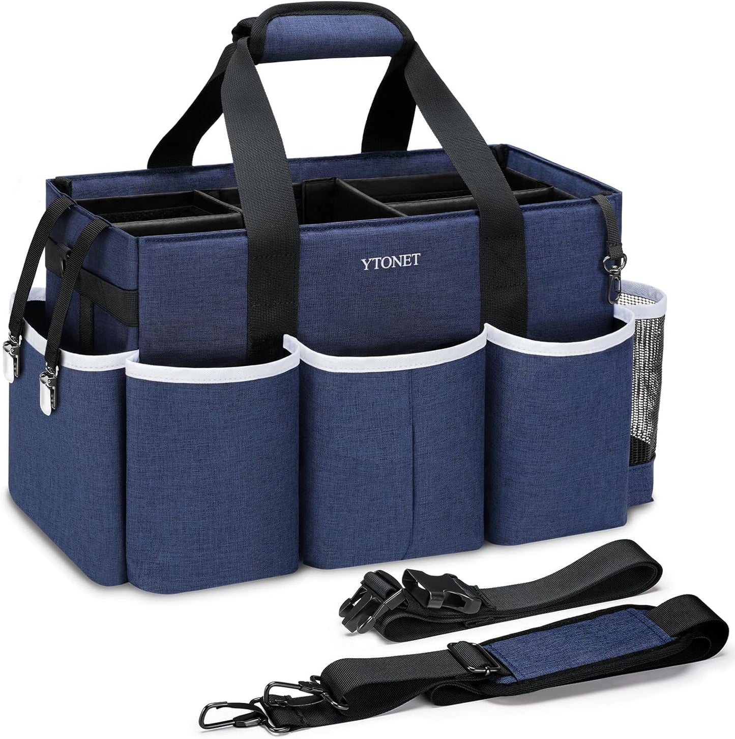 Ytonet Wearable Cleaning Caddy Bag, Large Cleaning Supplies Organizer with 4 Foldable Dividers, Kitchen Caddy Organizer with Handle & Adjustable Shoulder Straps for Cleaners & Housekeeper, Blue