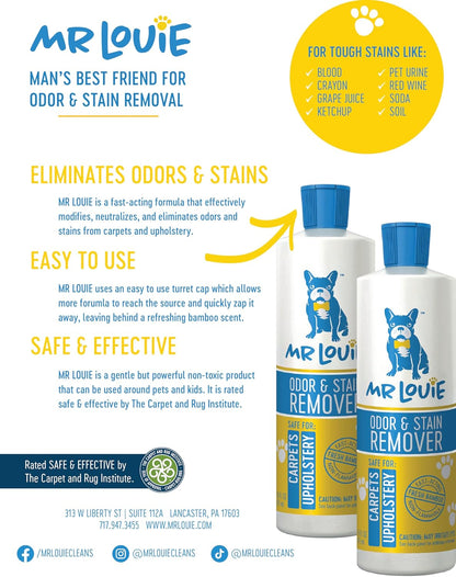 MR LOUIE Stain & Odor Remover for Carpet & Upholstery - Precision Pour No-Spray Cleaner Tough on Dog & Cat Urine, Vomit & Kid Stains with No Chemical Scent- Safe for Kids & Pets (16oz)
