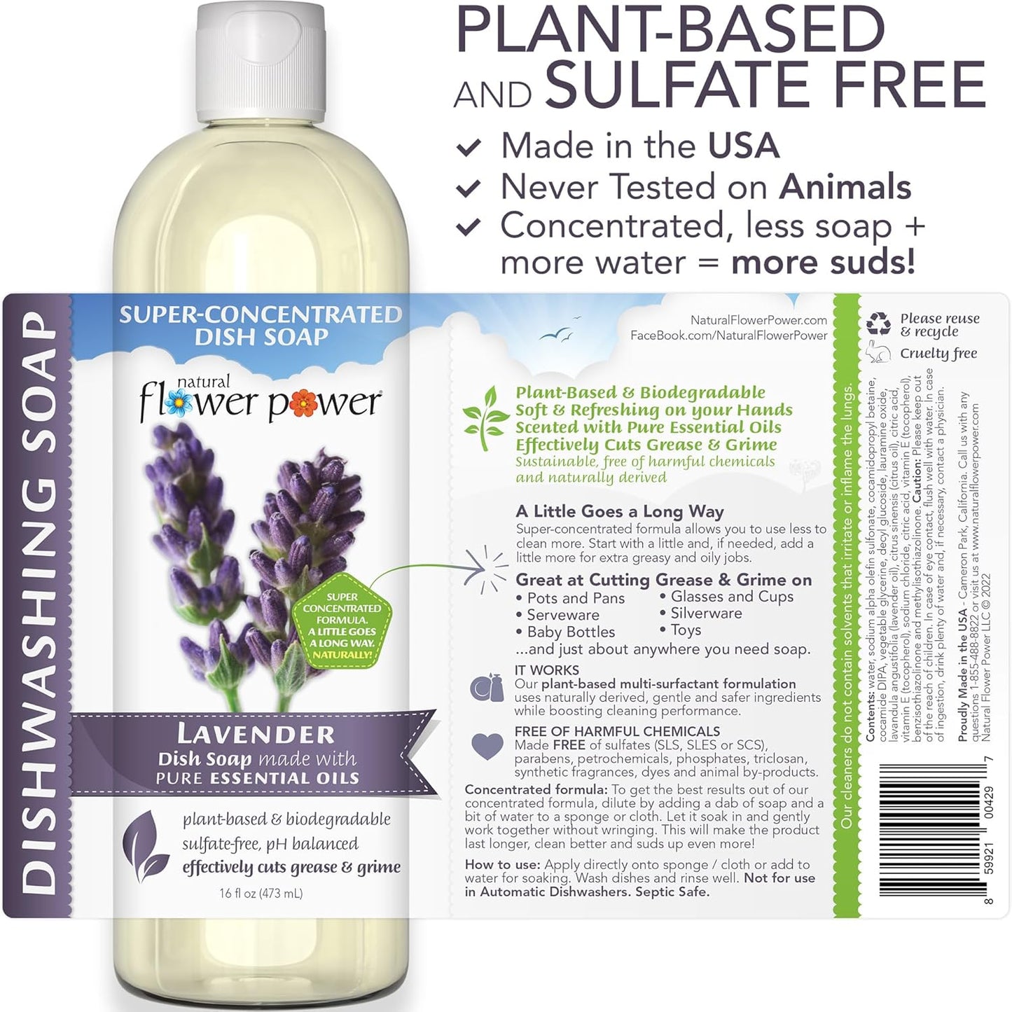 Natural Flower Power Liquid Dish Soap Refill – 66 Fl Oz Refills 4X – Plant-Based & Scented w/Pure Essential Oils – Natural Dishwashing Detergent – Sulfate-Free Kitchen Soap (Lavender)