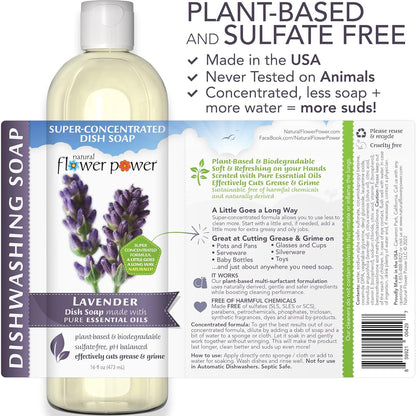 Natural Flower Power Liquid Dish Soap Refill – 66 Fl Oz Refills 4X – Plant-Based & Scented w/Pure Essential Oils – Natural Dishwashing Detergent – Sulfate-Free Kitchen Soap (Lavender)