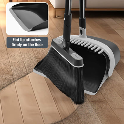 JEHONN Broom and Dust Pan, 54.3 inches Long Handle Swivel Brush, Upright Foldable Dustpan with Comb Teeth for Home Kitchen Lobby Indoor Floor Cleaning (Black & Yellow)