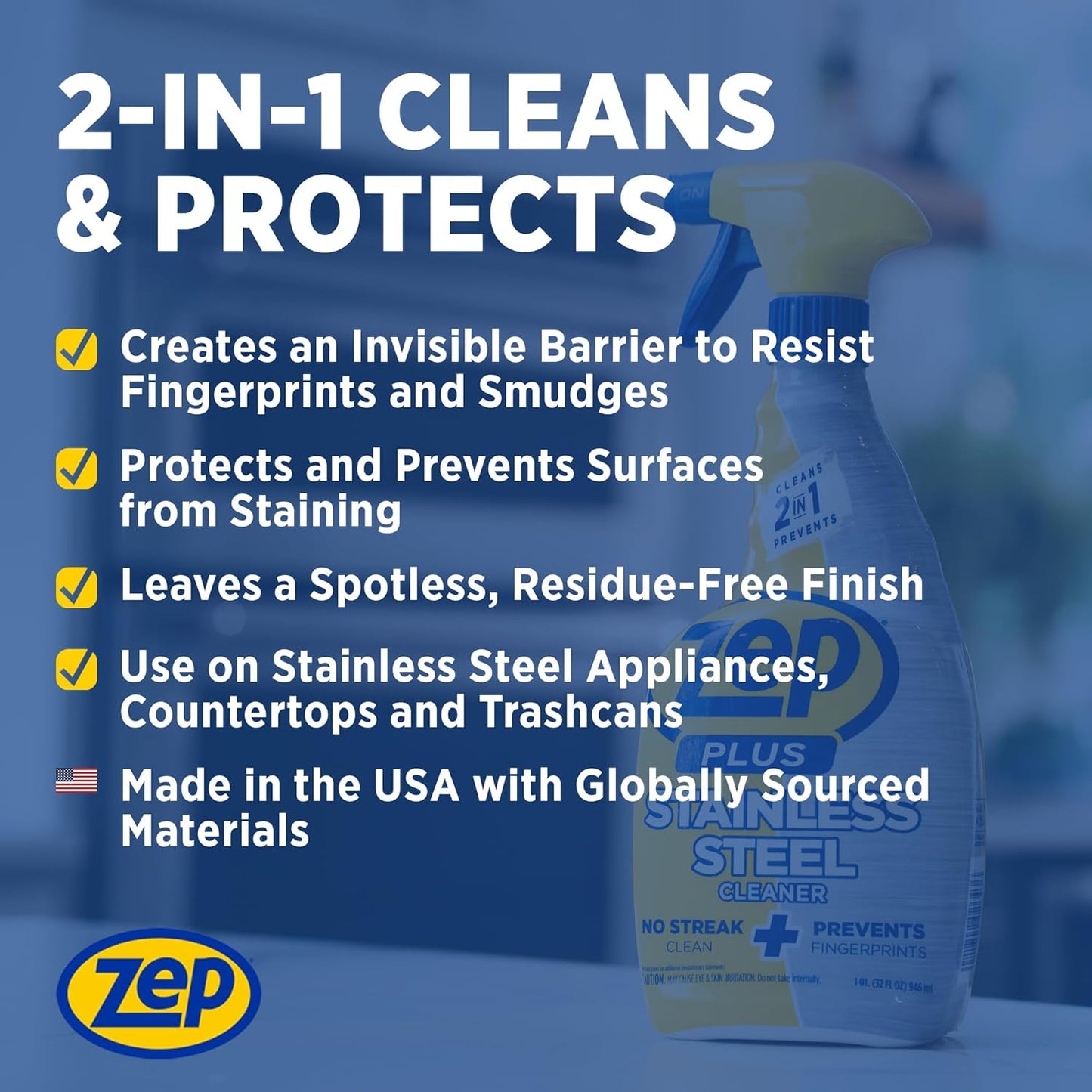 Zep Plus Stainless Steel Cleaner 32 oz (2 Units) & a Blue Microfiber Rag ECBD022 - Streak-Free Fingerprint Removal for Stainless Steel Appliances