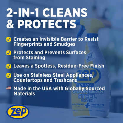 Zep Plus Stainless Steel Cleaner 32 oz (2 Units) & a Blue Microfiber Rag ECBD022 - Streak-Free Fingerprint Removal for Stainless Steel Appliances