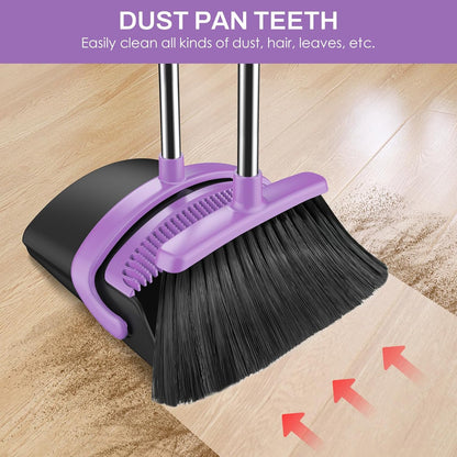 Broom and Dustpan Set for Home, 51-in Long Adjustable Handle Angle Broom and Dustpan Combo Set with Dust Pan Teeth to Clean Hair for Home Kitchen Office Lobby Floor Garden (Black&White)