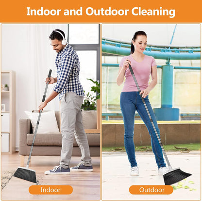 Folews Broom and Dustpan Set, Heavy Duty Dust Pan with Long Handle 51 Inch Broom with Dustpan Combo Set Upright Self-Cleaning Dust Pan Home Kitchen Lobby Indoor Outdoor Sweeping Cleaning Tool - Gray